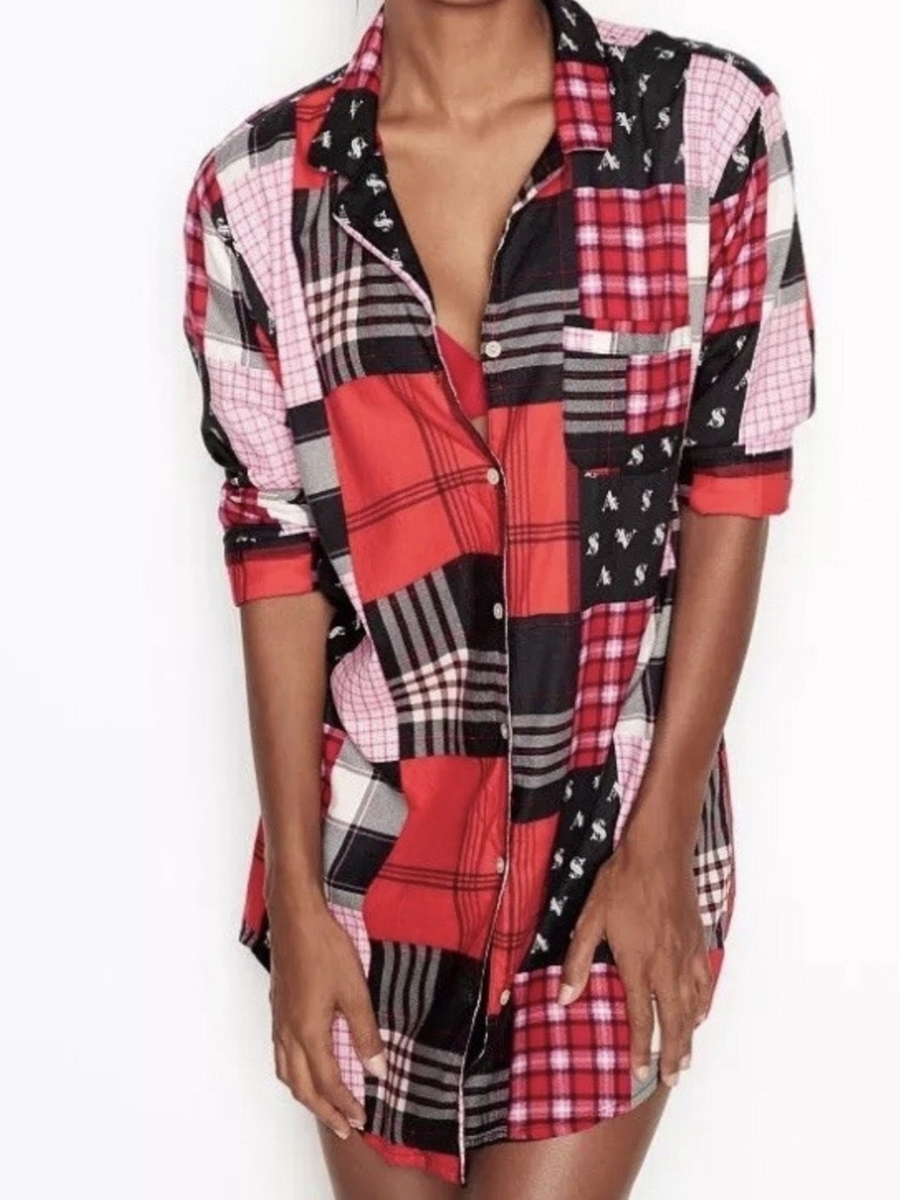 Victoria's Secret Red, Black & Pink Plaid Sleep Button-Down Chemise